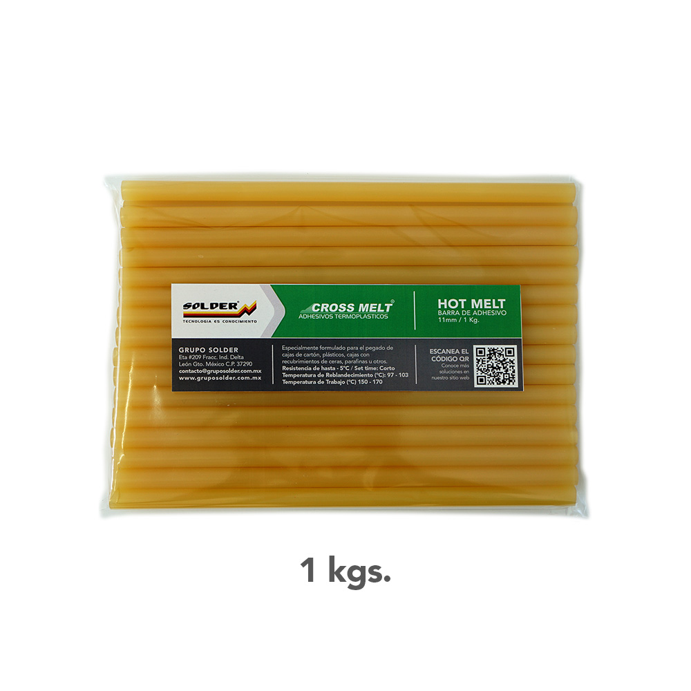 Adhesivo Crossmelt 3812 1 kg Barras de adhesivo de 11 pulgadas especialmente diseñadas para trabajar con cartón para armado, cerrado y sellado de cajas.